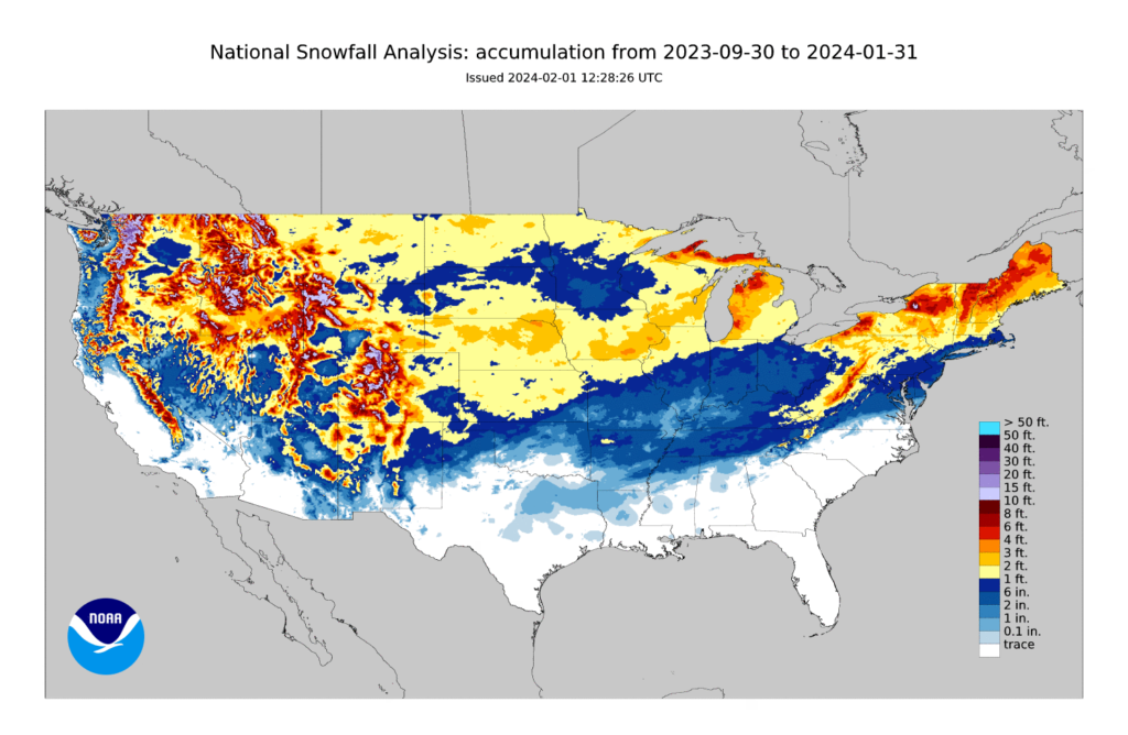 A map of total snowfall across the United States for the winter, through January 31.