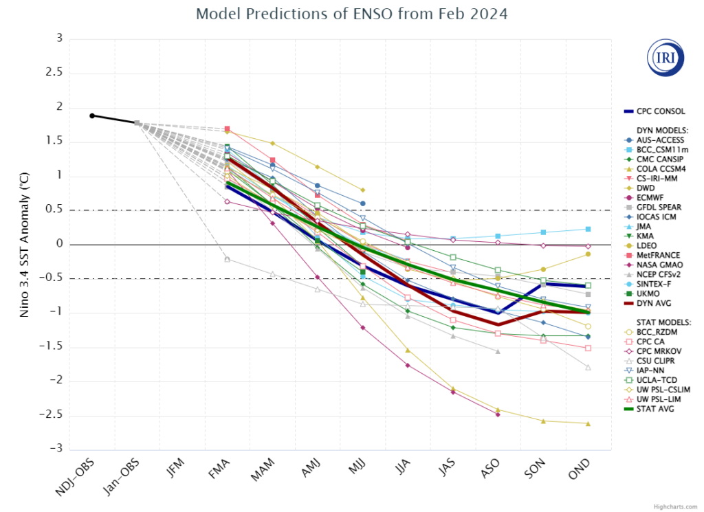 Diagram showing model forecast of ENSO conditions for the remainder of 2024