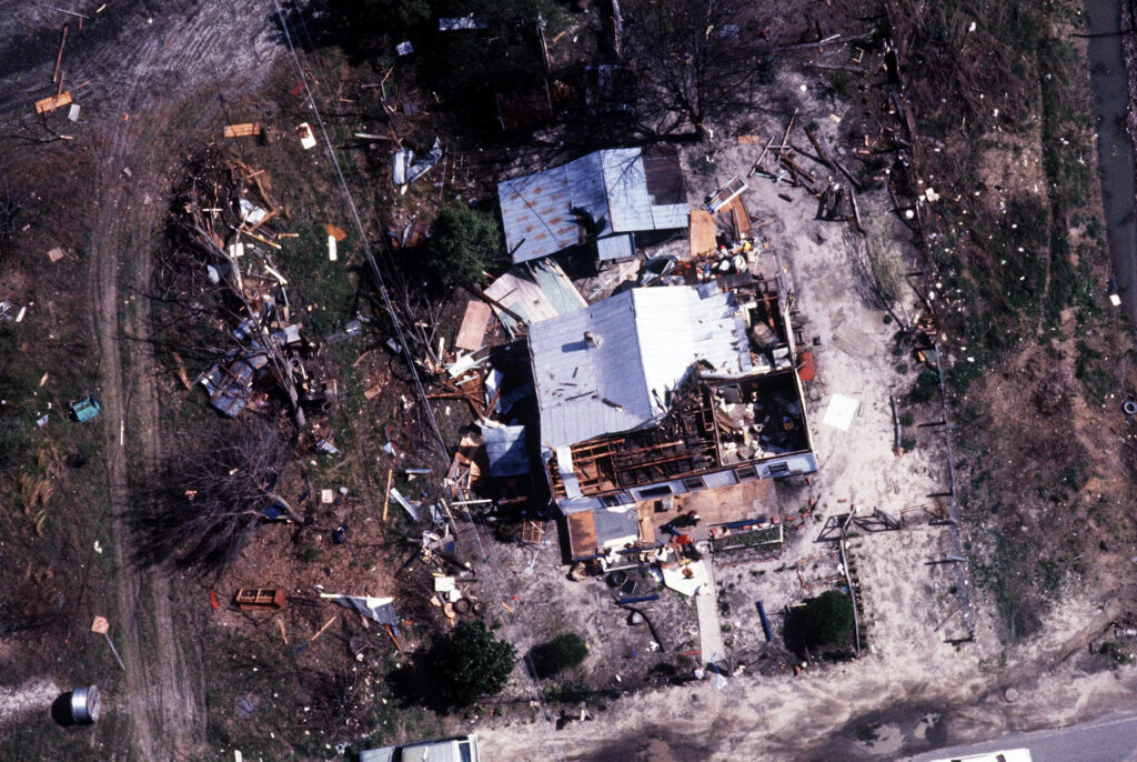 An aerial photo of damage to a home in Red Springs, NC, after the March 28, 1984, tornado outbreak
