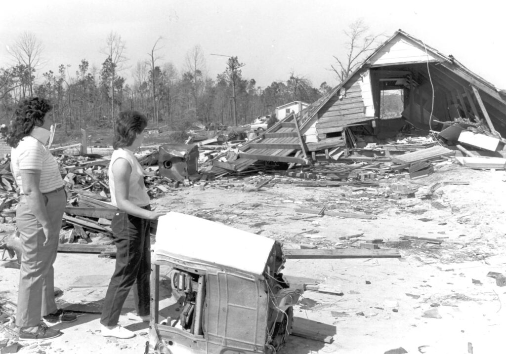 A photo of a damaged home in Roseboro, NC, after the March 28, 1984, tornado outbreak