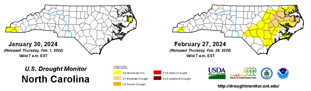 A comparison of drought maps from January 30, 2024, and February 27, 2024, in North Carolina