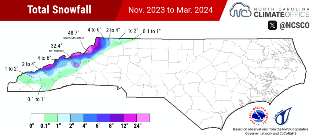 Map of 2023-24 winter snow accumulation totals in North Carolina