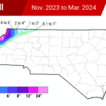 A map of total snow accumulations during the 2023-24 winter in North Carolina