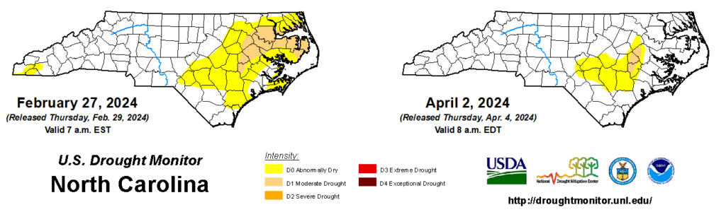 A comparison of drought maps from February 27, 2024, and April 2, 2024, in North Carolina