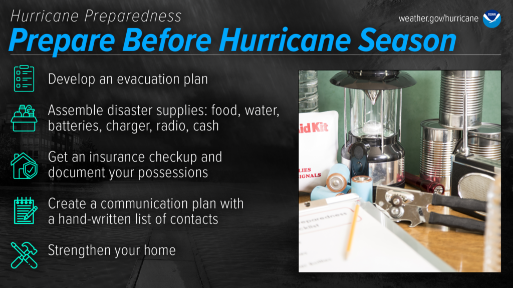 A graphic showing pre-season hurricane preparedness tips