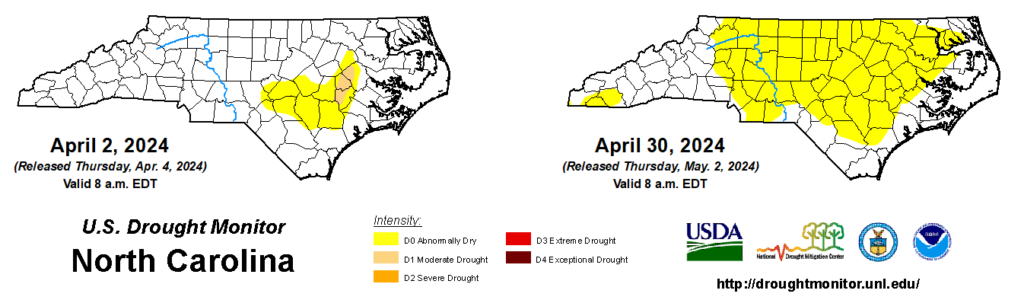 A comparison of drought maps from April 2, 2024, and April 30, 2024, in North Carolina