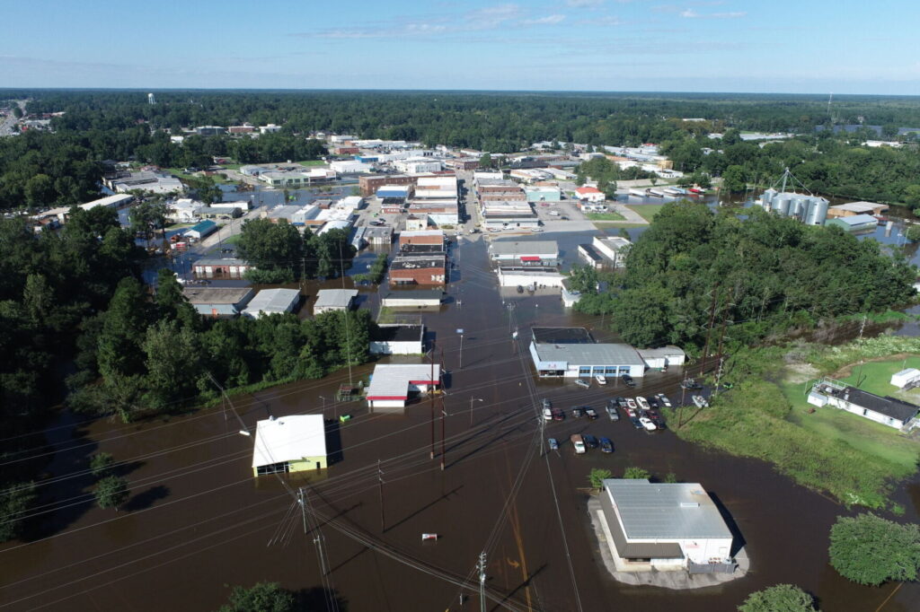 A drone photo of flooding in Whiteville, NC, following Tropical Storm Idalia last year
