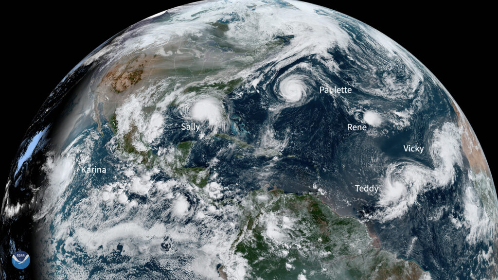 Satellite images show five tropical storms in the Atlantic Ocean at the same time in September 2020