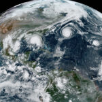 A satellite image showing five tropical storms in the Atlantic at the same time in September 2020