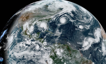 A satellite image showing five tropical storms in the Atlantic at the same time in September 2020