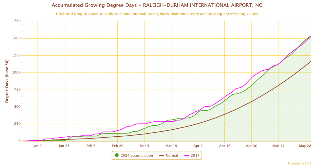 A graph of accumulated growing degree days in Raleigh from January 1 through May 31