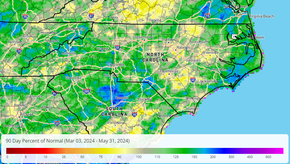 A map of percent of normal precipitation for the spring in North Carolina