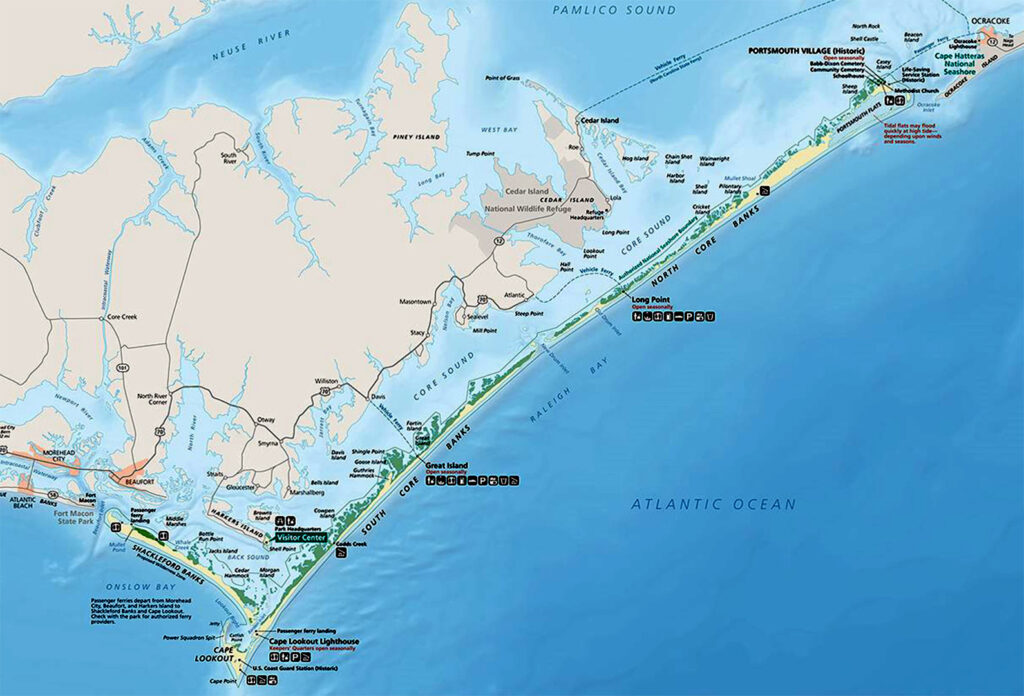 A map of Cape Lookout National Seashore, which was damaged by the sound-side storm surge during Dorian