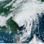 A satellite image of Tropical Storm Debby over the Carolinas on Thursday, August 8