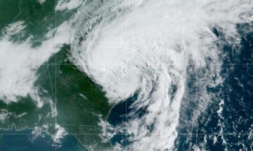 A satellite image of Tropical Storm Debby over the Carolinas on Thursday, August 8