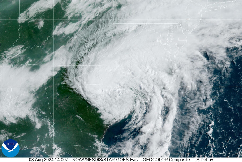 Satellite image of Tropical Storm Debby over the Carolinas on Thursday, August 8