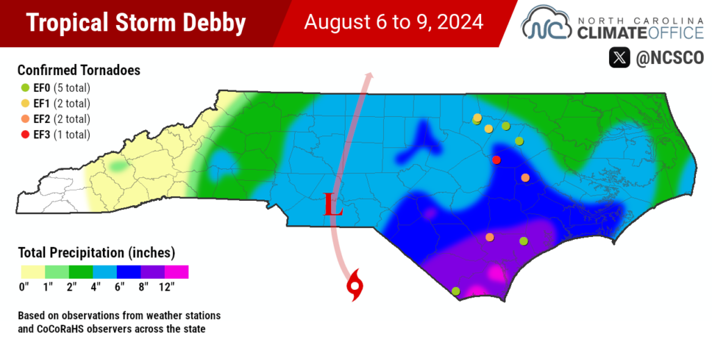 Map of total rainfall and confirmed tornadoes from Tropical Storm Debby in North Carolina