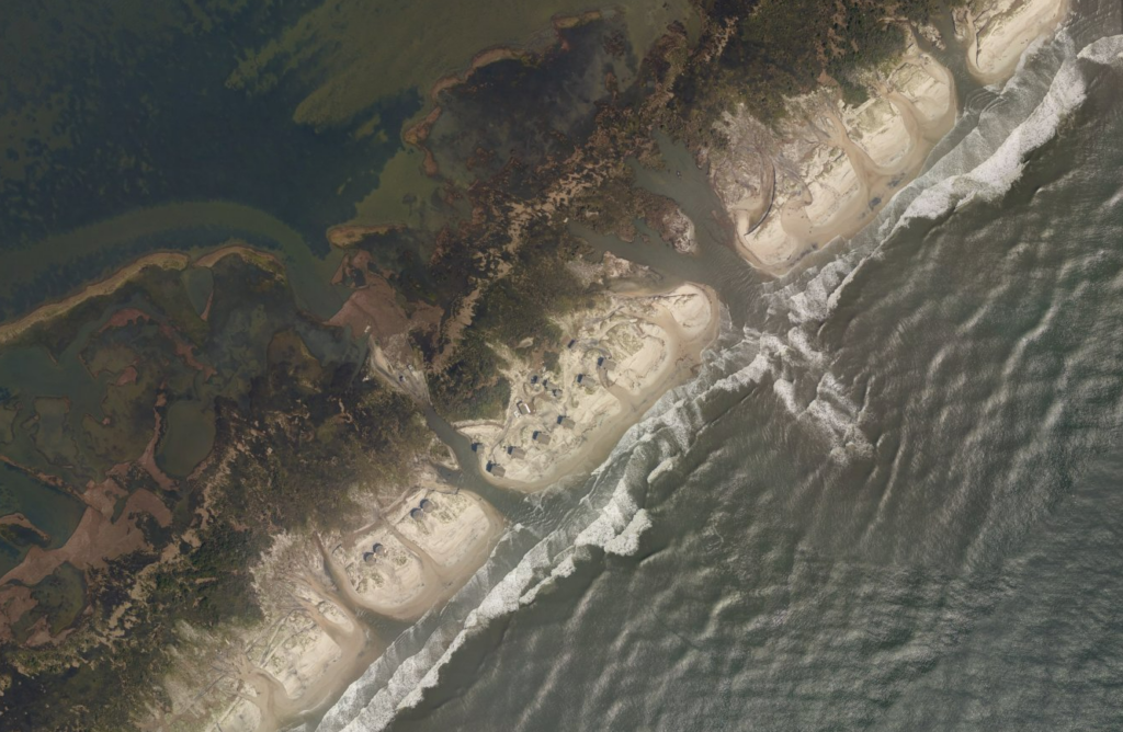 An aerial photo of the flooded and breached North Core Banks after Dorian