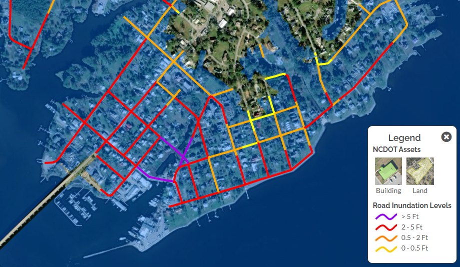 A map of forecasted road inundation levels in Oriental, NC, during Hurricane Dorian