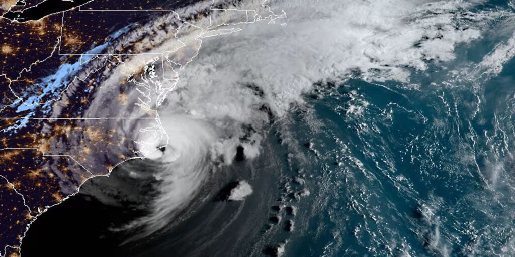 A satellite image of Hurricane Dorian shortly after its landfall on Hatteras Island on September 6, 2019