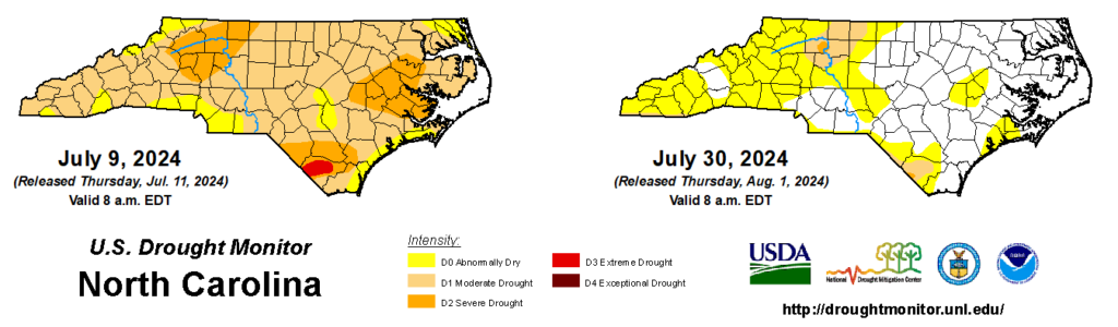 Comparison of drought maps from July 9, 2024 and July 30, 2024 in North Carolina