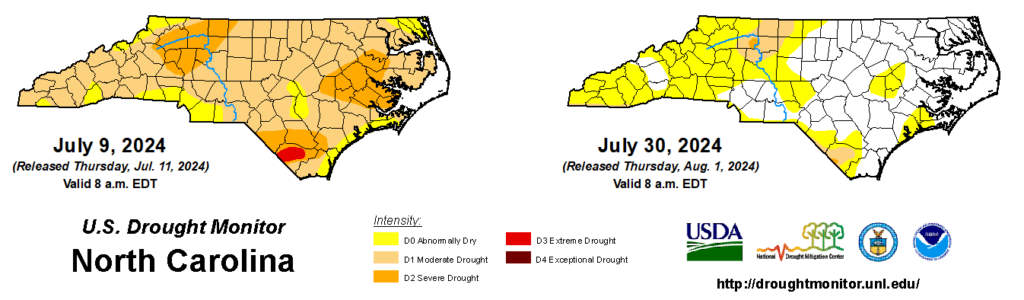 A comparison of drought maps from July 9, 2024, and July 30, 2024, in North Carolina