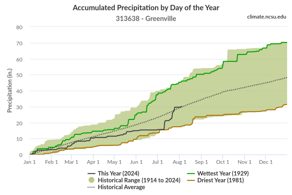 Graph of cumulative rainfall in Greenville, NC, throughout 2024 and comparison to historical conditions