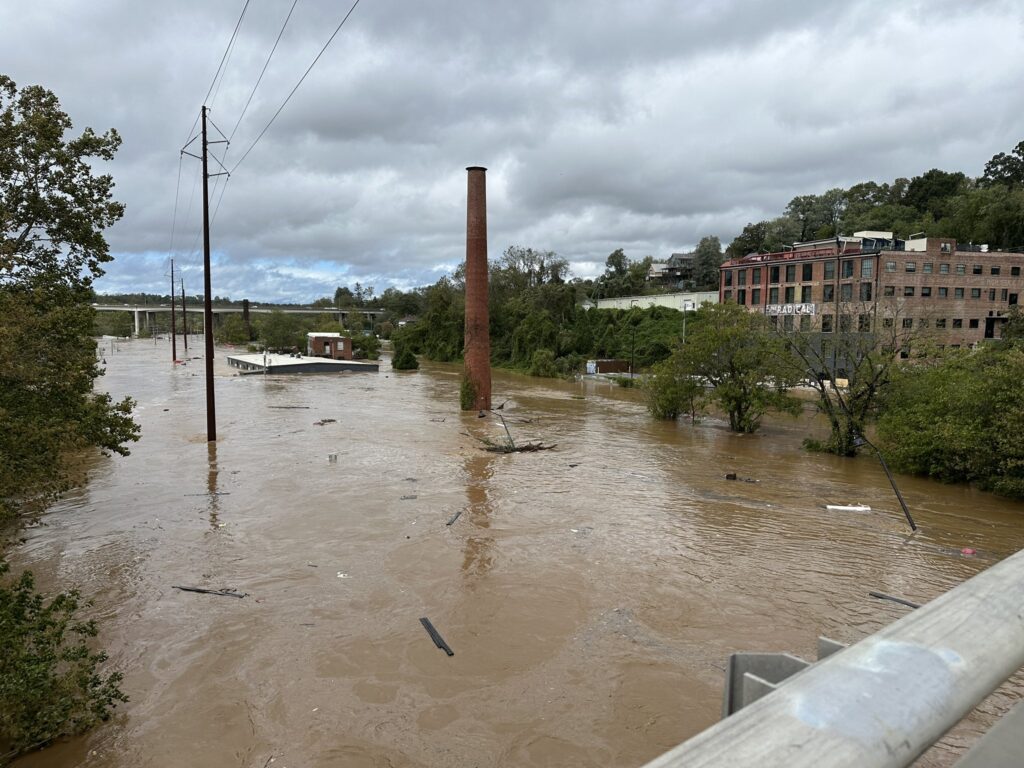 A photo of flooding in Asheville following Helene