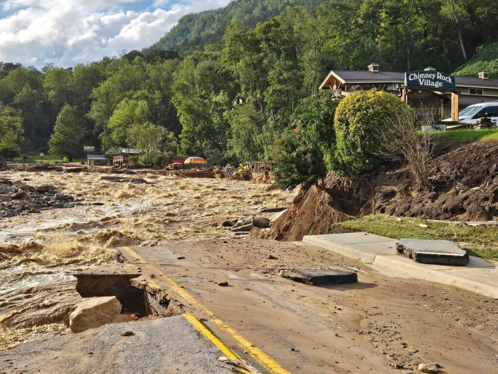 A photo of flooding and damage in downtown Chimney Rock