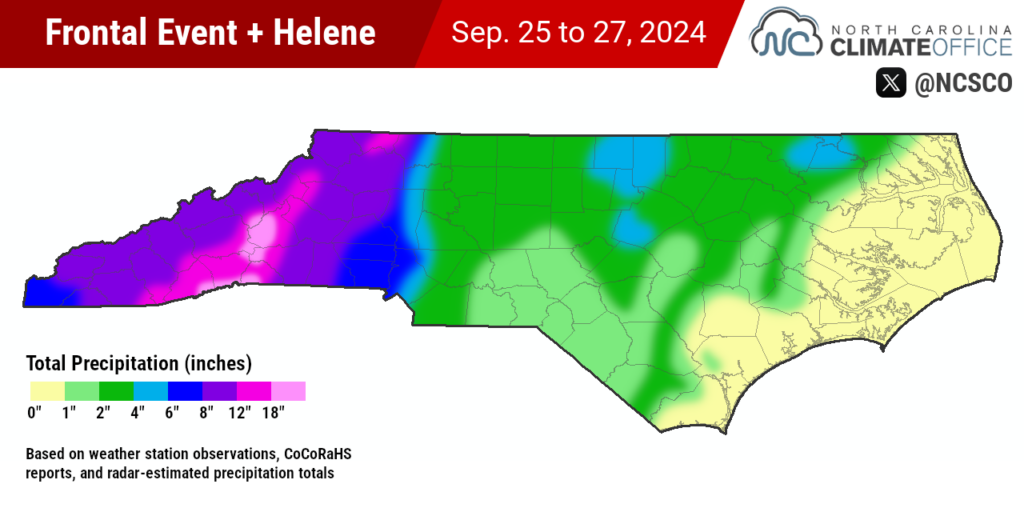 A map of total precipitation from the precursor frontal event and Hurricane Helene in North Carolina