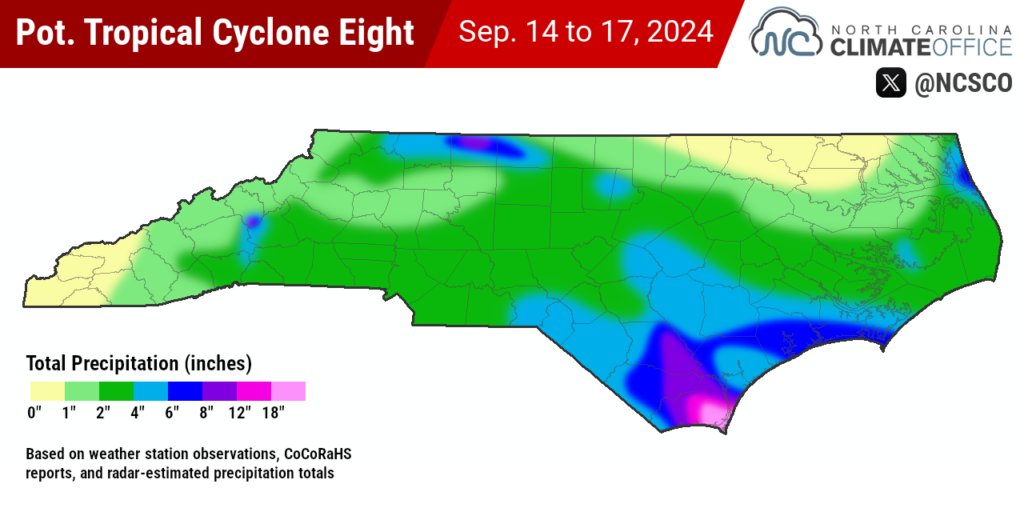 A map of total precipitation from Potential Tropical Cyclone Eight in North Carolina