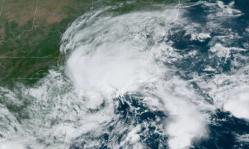 A satellite image of Potential Tropical Cyclone Eight on Monday, September 16 over the Carolinas