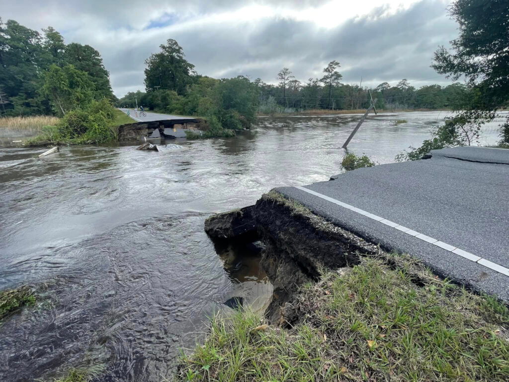 A photo of a washed out road in Brunswick County.