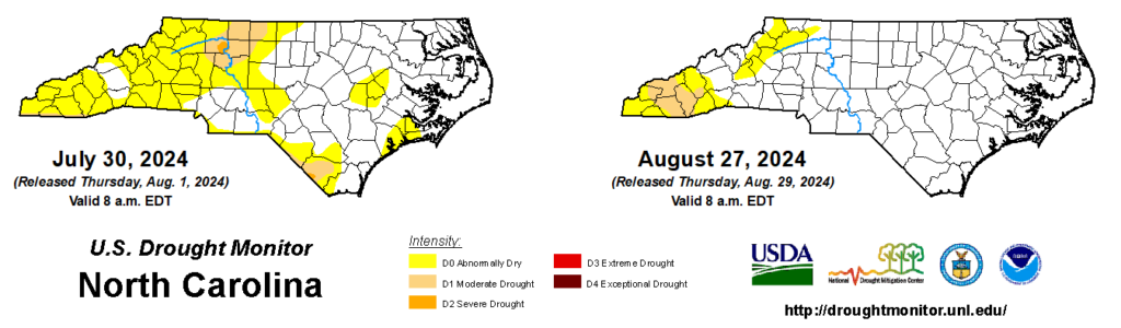 A comparison of drought maps from July 30, 2024, and August 27, 2024, in North Carolina