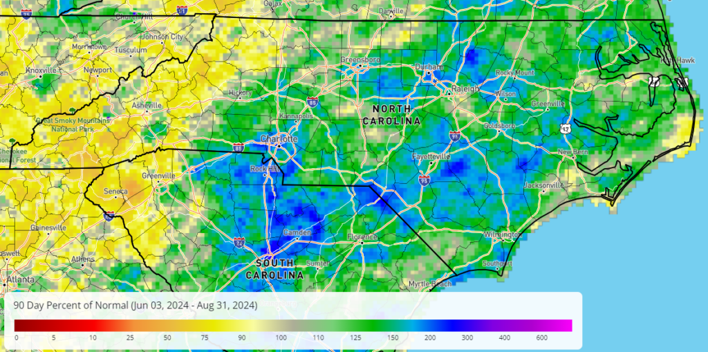 A map of percent of normal precipitation for the 90 days ending on August 31, 2024