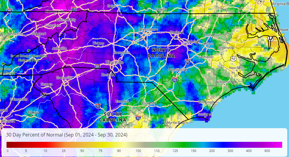 A map of percent of normal precipitation for September 2024 in North Carolina