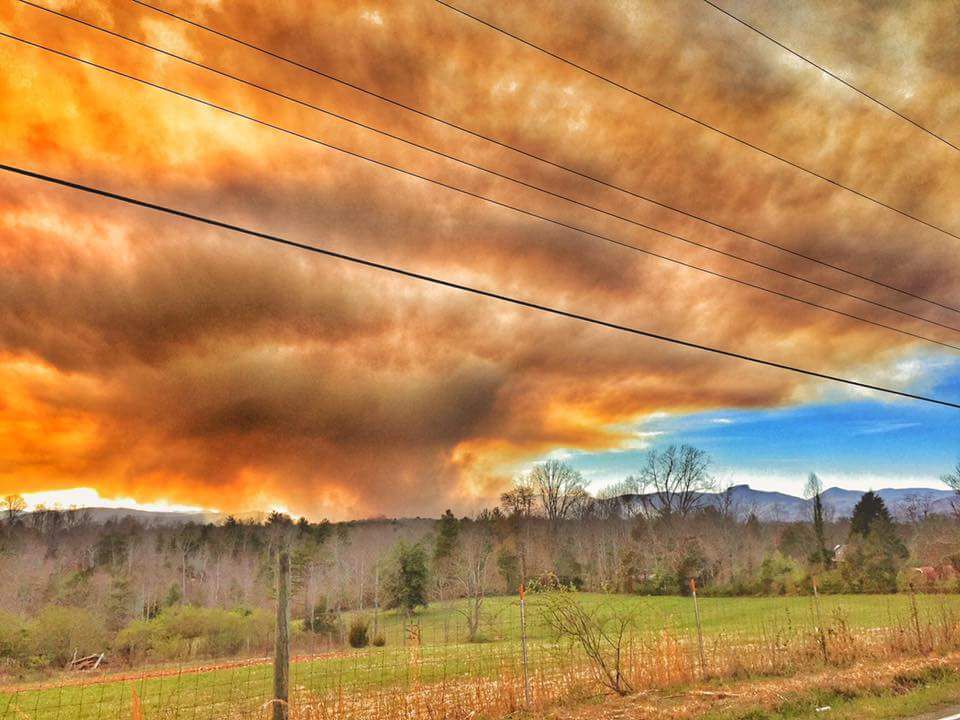 A photo of smoke from the Linville Gorge wildfire in March 2017 over Burke County, NC