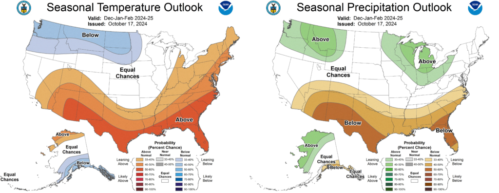 Maps showing NOAA's seasonal temperature and precipitation outlooks for the winter