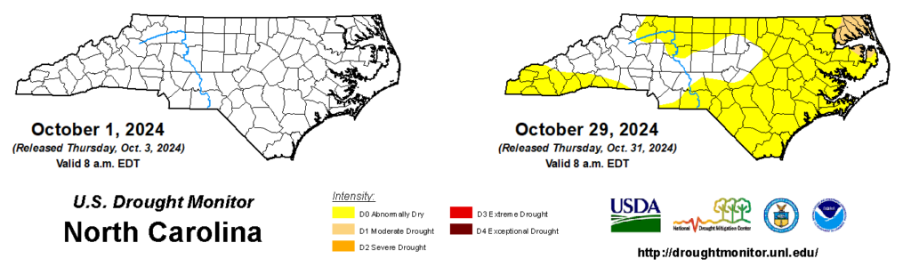 A comparison of drought maps from October 1, 2024, and October 29, 2024, in North Carolina