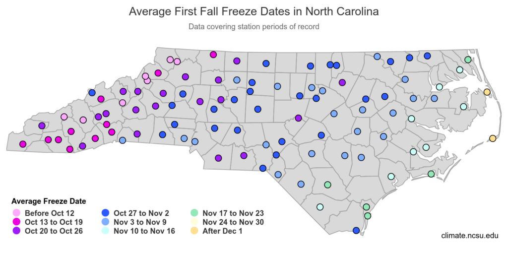 A map of average first fall freeze dates in North Carolina