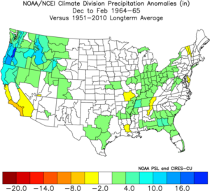 A map of precipitation anomalies by climate division in the 1964-65 winter