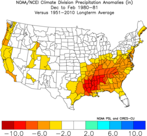 A map of precipitation anomalies by climate division in the 1980-81 winter