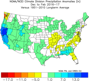 A map of precipitation anomalies by climate division in the 2016-17 winter