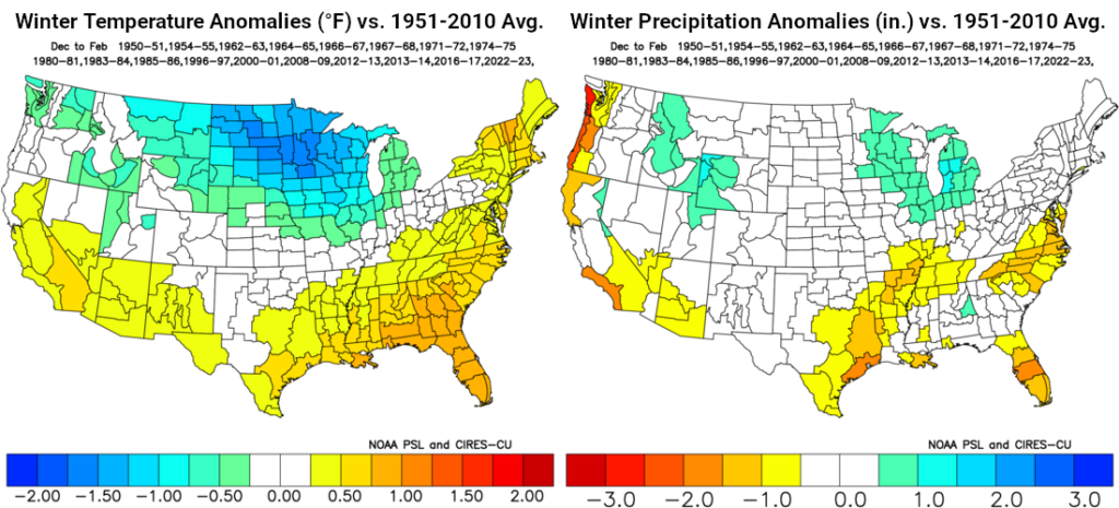 Maps of average wintertime temperature and precipitation anomalies, by climate division, during historical cool neutral and weak La Niña winters