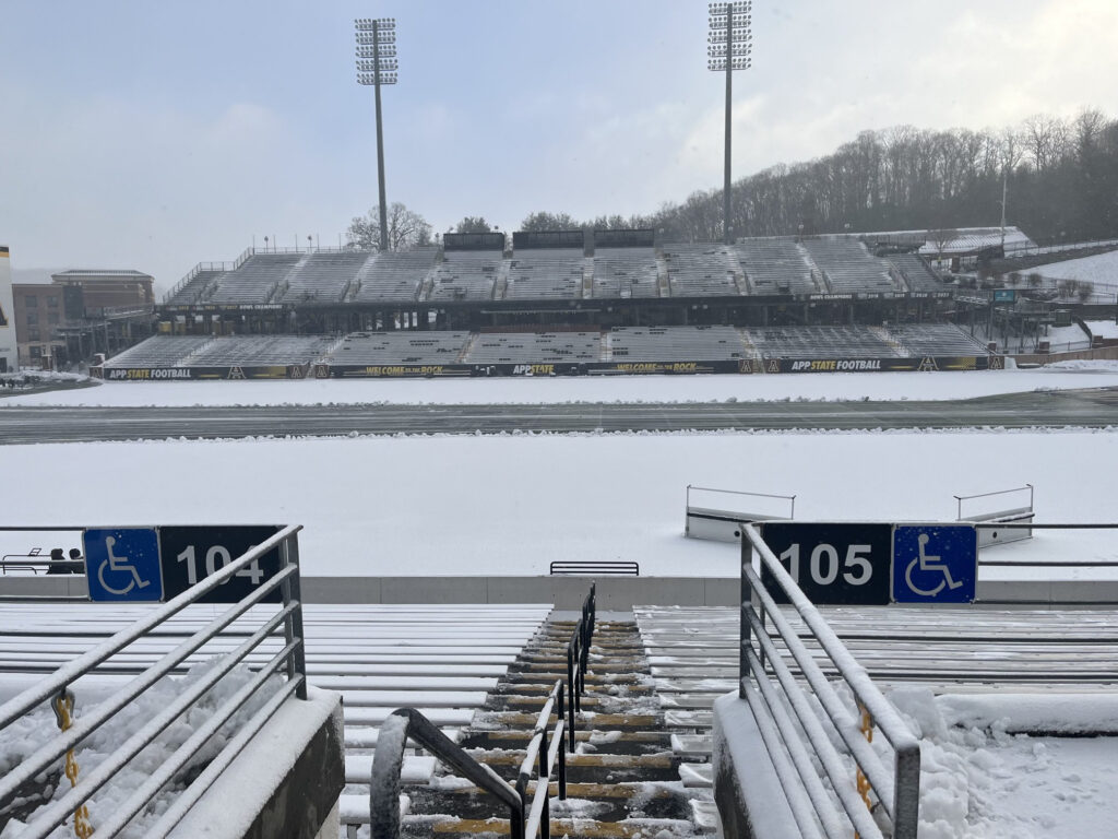 A photo of snow at Appalachian State's football stadium on November 23