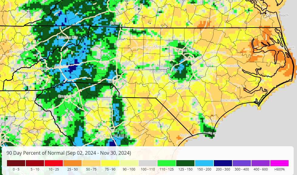 A map of percent of normal precipitation for the 90 days ending on November 30, 2024