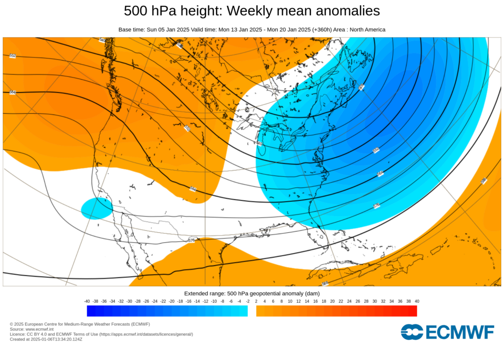 A map of the forecasted upper-level weather pattern for the week of January 13, 2025