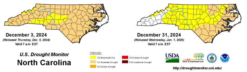 A comparison of drought maps from December 3 and 31, 2024, in North Carolina