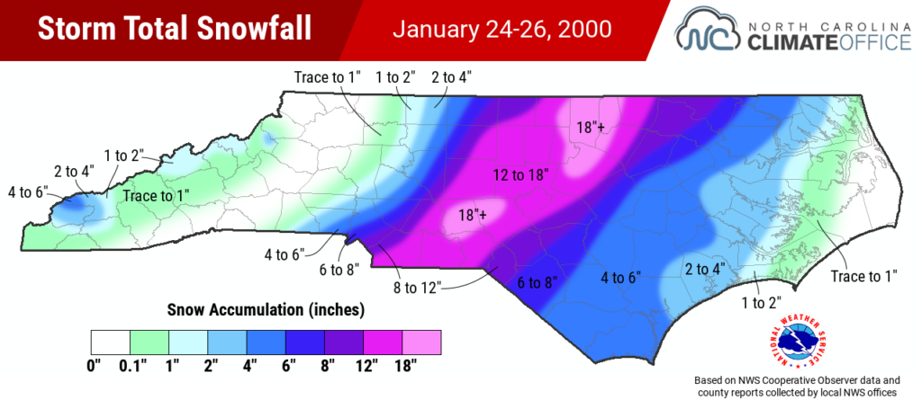 A map of total snowfall in North Carolina during the storm on January 24-26, 2000