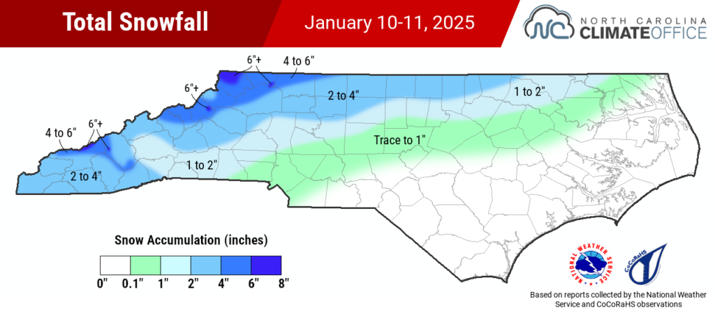 A map of total snowfall across North Carolina on January 10-11, 2025